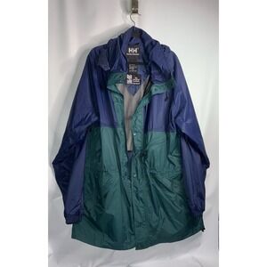 Helly Hansen Jacket Mens XL Green Blue Helly Tech HH Packable Hooded Rain Coat